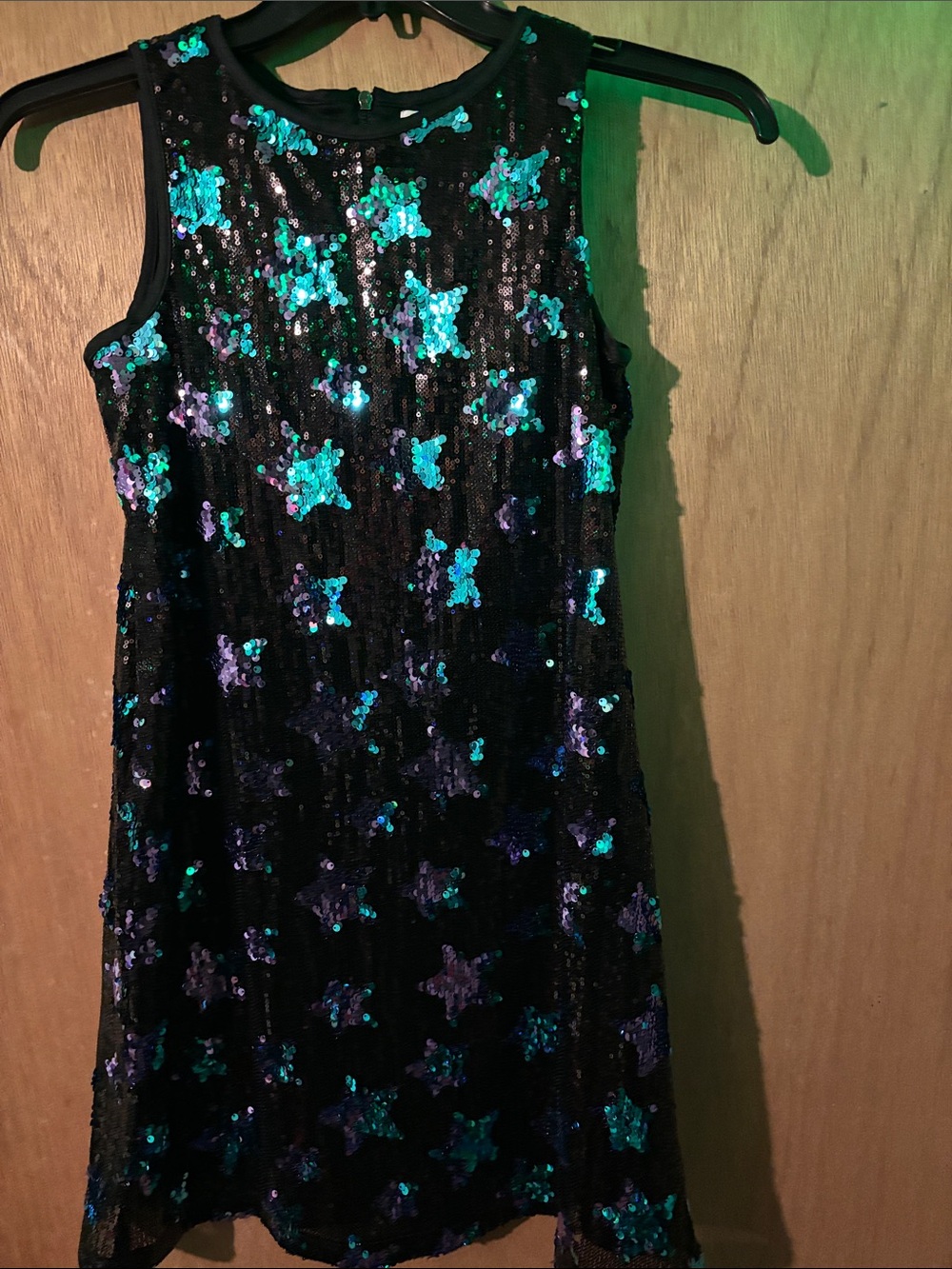 Us Angels Black Sequin Star Dress with Teal & Purple Stars